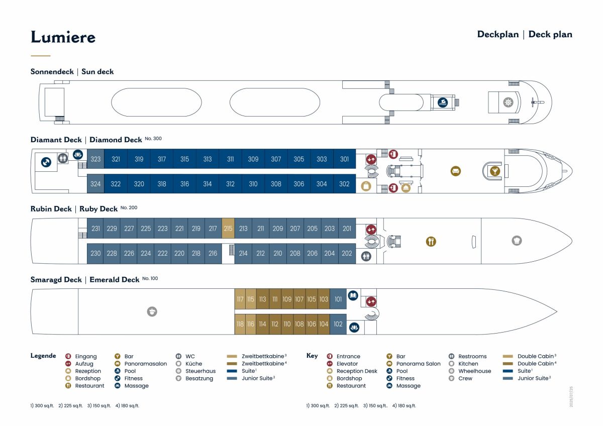 Deck plan of the river cruise ship Lumière showing the Sun Deck, Diamond Deck, Ruby Deck, and Emerald Deck with cabin numbers, suite categories, public areas, and legend icons.